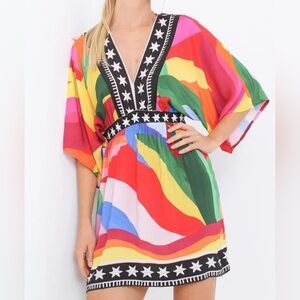 Farm Rio Fim De Tarde Rainbow Star Trim V-Neck Mini Dress